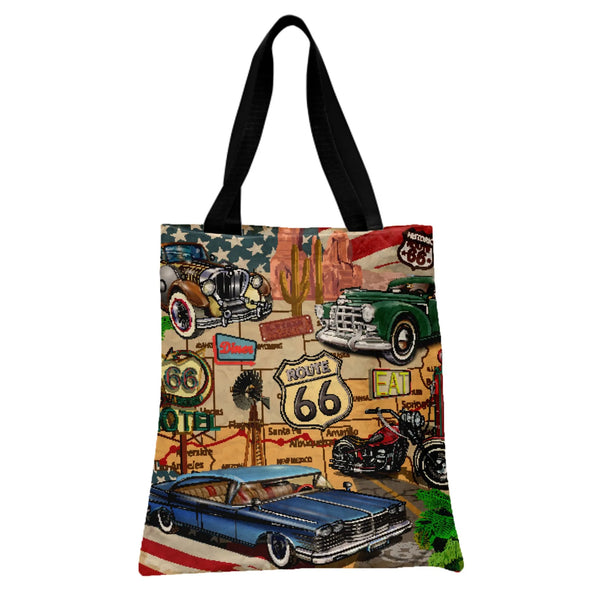 Route 66 Tote Bag | Vintage Hot Rod Classic Cars Americana Road Trip Art | Premium Twill Diamond-Grid Texture | Gift for Clas
