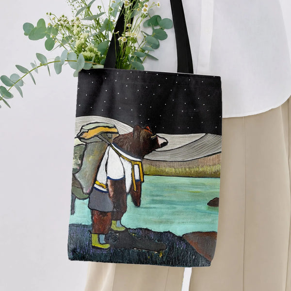 Hiking Bear Tote Bag | Backpacking Bear Under Starry Night Sky Painted Art | Premium Twill Diamond-Grid Fabric | Gift for Out