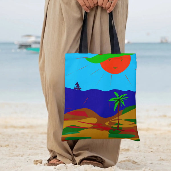 Tropical Beach Tote Bag | Whimsical Sun Palm Tree and Sailboat Folk Art | Premium Twill Diamond-Grid Texture | Colorful Summe
