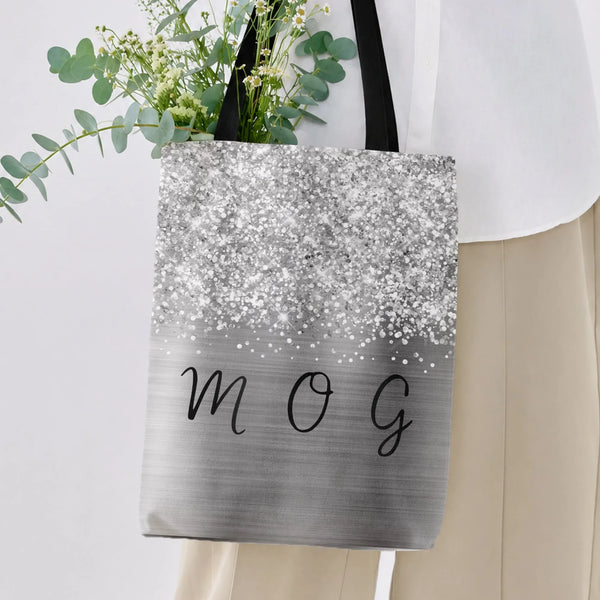 Mother of the Groom Tote Bag | Silver Glitter Sparkle Brushed Metal Design | Premium Twill Diamond-Grid Texture | Wedding Gif