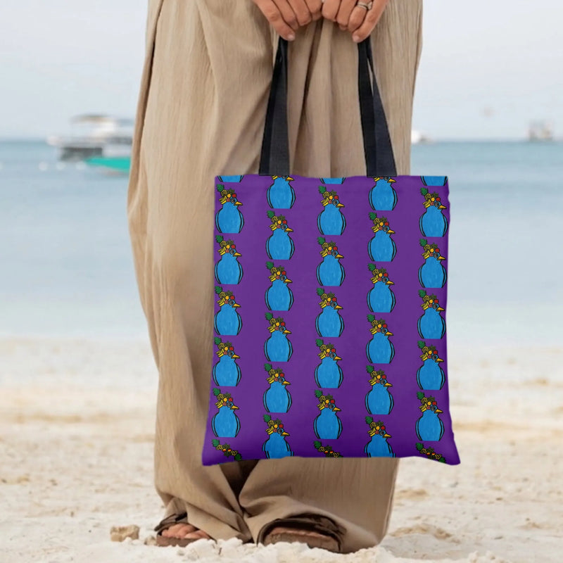 Tropical Fruit Vase Tote Bag | Colorful Cartoon Vase with Fruit Still Life Pattern | Premium Twill Diamond-Grid Fabric | Unique Gift for Art Lovers