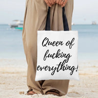 Queen of Everything Funny Quote Tote Bag | Sassy Script Lettering Typography Design | Premium Twill Diamond-Grid Texture | Empowering Gift for Her
