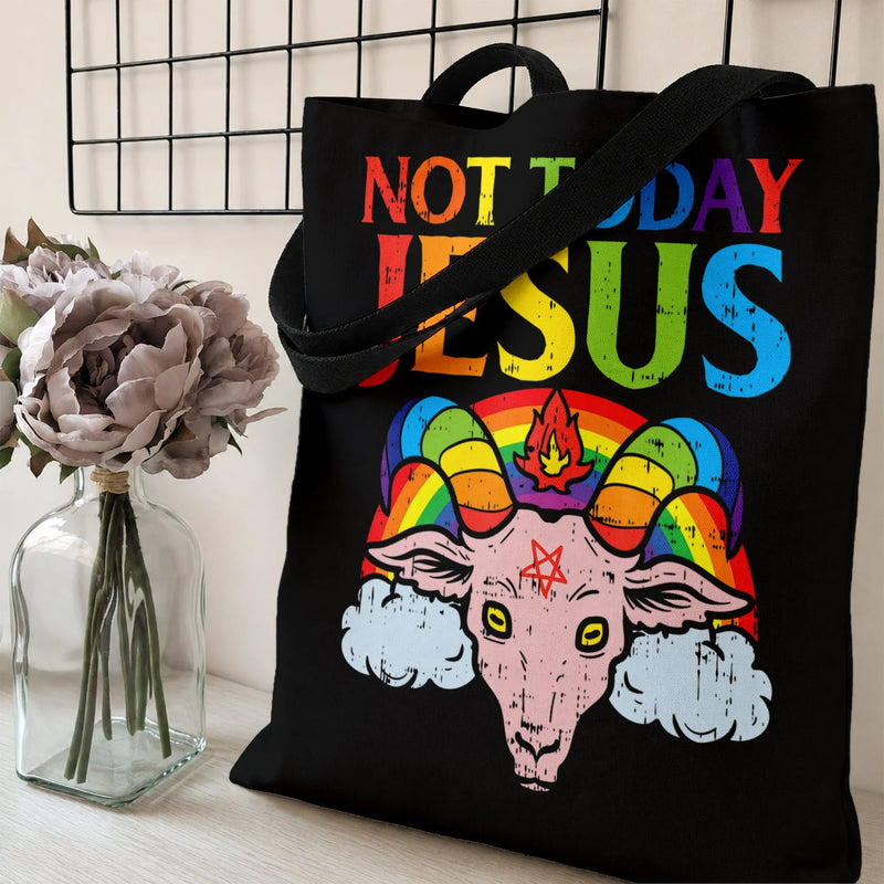 Not Today Jesus Baphomet Tote Bag | Rainbow Satanic Goat Distressed Graphic Art | Premium Twill Diamond-Grid Texture | Edgy Gift for Dark Humor Fans
