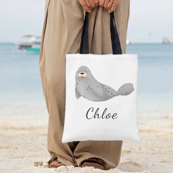 Seal Personalized Tote Bag | Cute Spotted Gray Seal Watercolor Illustration | Premium Twill Diamond-Grid Texture | Custom Nam