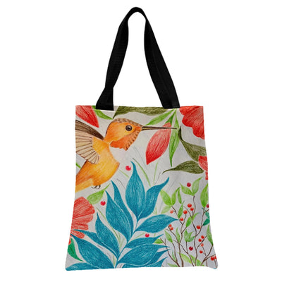 Hummingbird Tote Bag | Vibrant Floral Garden Bird Illustration | Premium Composite Twill Fabric | Gift for Nature Lovers