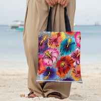 Hibiscus Flower Tote Bag | Vibrant Tropical Blooms on Checkered Pattern Art | Premium Twill Fabric with Diamond-Grid Texture | Aesthetic Gift for Flower Lover