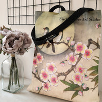 Cherry Blossom Lovebirds Tote Bag | Japanese Ink Wash Moon and Blossom Art | Premium Twill Fabric | Aesthetic Gift for Nature Lovers