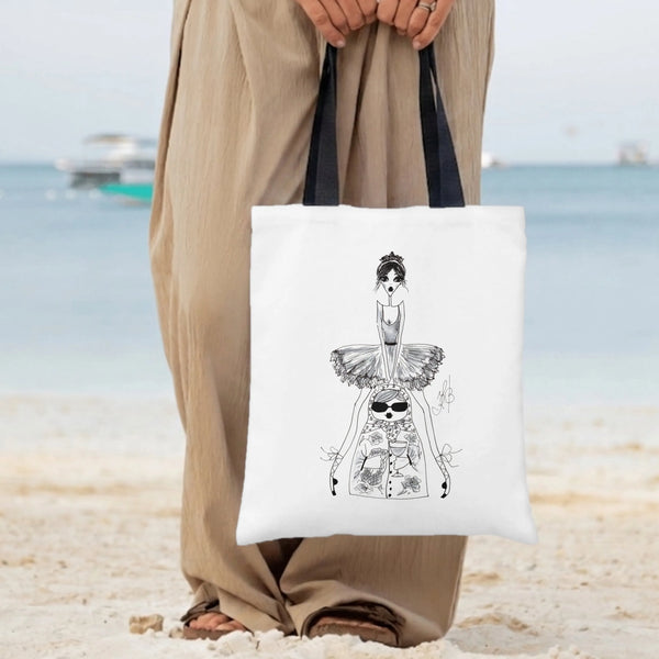 Fashion Illustration Tote Bag | Sketch Style Chic Women with Sunglasses and Tutu Art | Premium Twill Diamond-Grid Texture | G