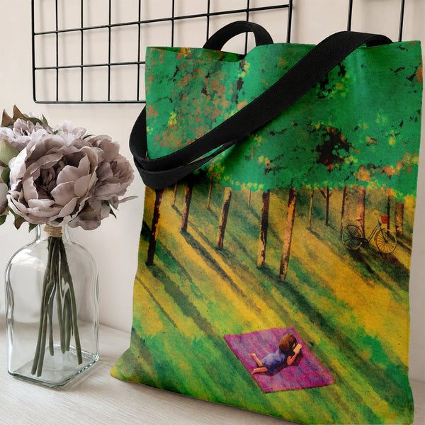Girl Reading in Forest Tote Bag | Watercolor Park Picnic Blanket Aerial View Art | Premium Twill Diamond-Grid Texture | Aesth