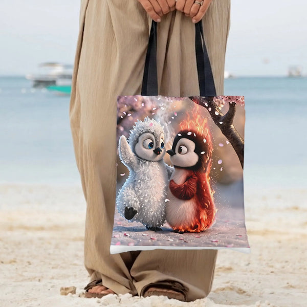 Fire and Ice Penguin Tote Bag | Cute Cartoon Penguin Couple with Cherry Blossom Art | Premium Composite Twill Fabric | Cute G
