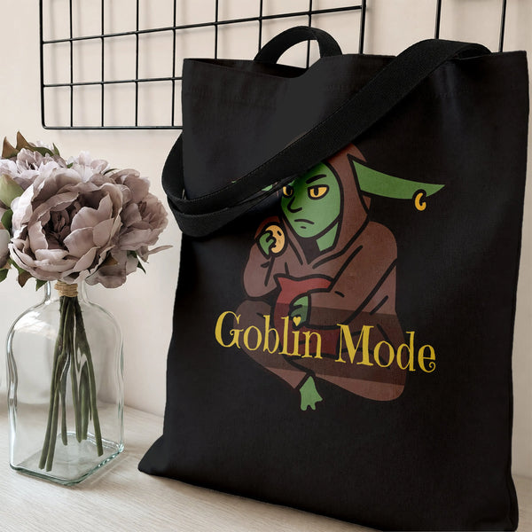 Goblin Mode Tote Bag | Funny Fantasy Goblin in Hooded Robe Cartoon Art | Premium Twill Diamond-Grid Texture | Gift for D&D an