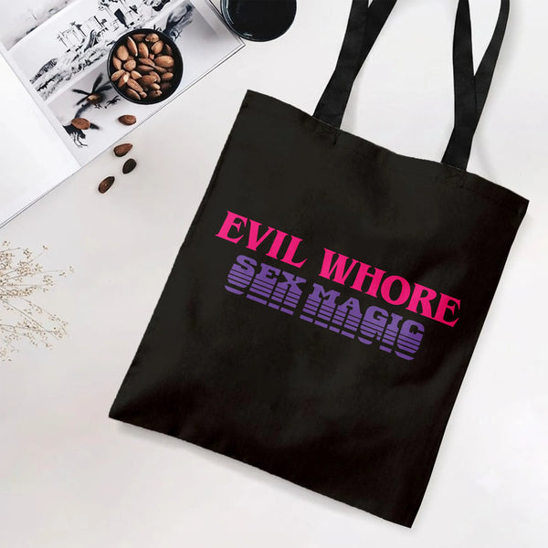 Evil Whore Sex Magic Tote Bag | Bold Retro Pink Purple Typography Art | Premium Structured Twill Bag | Edgy Gift for Witchy S