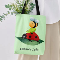Cute Bug Stack Tote Bag | Kawaii Ladybug Bee Grasshopper on Leaf Illustration | Premium Twill Diamond-Grid Texture | Adorable Gift for Insect Lovers
