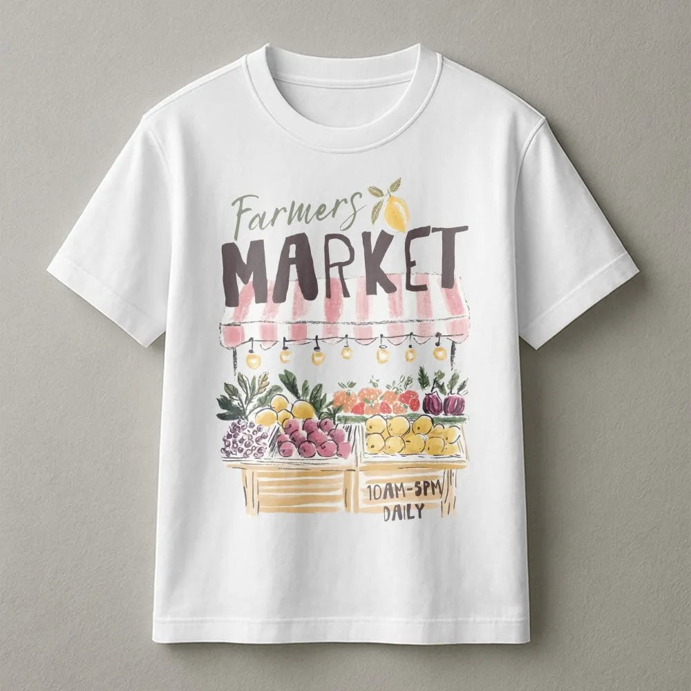 Farmers Market Graphic T-Shirt | Watercolor Fruit Stall Design | Soft Breathable Cotton | Cottagecore Summer Aesthetic Gift