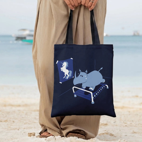 Rhino Unicorn Tote Bag | Funny Rhinoceros on Treadmill Cartoon Art | Premium Twill Diamond-Grid Fabric | Humorous Gift for Gy