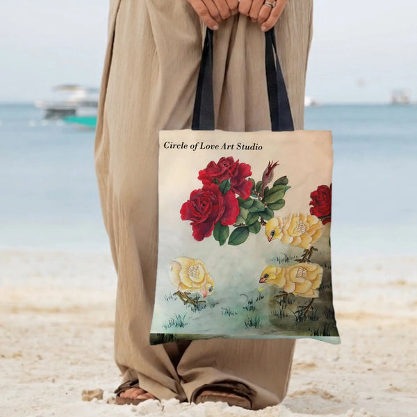 Baby Chick and Rose Tote Bag | Vintage Botanical Illustration with Red Roses and Yellow Chicks | Premium Twill Tote | Cute Fa