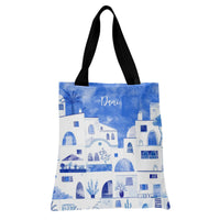 Mediterranean Village Tote Bag | Watercolor Blue and White Architecture Art | Premium Twill Diamond-Grid Fabric | Gift for Travel Lovers