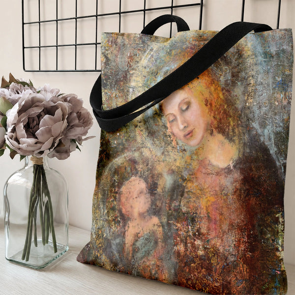 Madonna and Child Tote Bag | Renaissance-Inspired Fresco Painting Art | Premium Twill Fabric with Diamond-Grid Texture | Gift