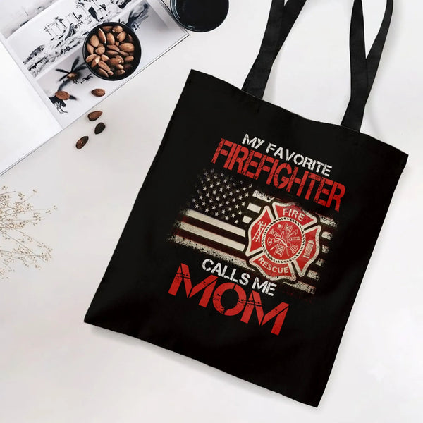 Firefighter Mom Tote Bag | My Favorite Firefighter Calls Me Mom Thin Red Line Flag Art | Premium Twill Diamond-Grid Texture |