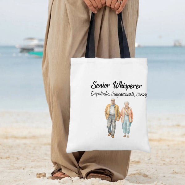 Senior Whisperer Tote Bag | Empathetic Compassionate Caring Elderly Couple Watercolor Art | Premium Twill Diamond-Grid Textur