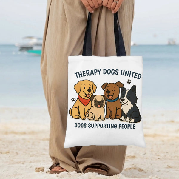 Therapy Dogs United Tote Bag | Cute Cartoon Therapy Dog Squad Illustration | Premium Twill Fabric Tote | Gift for Dog Lover