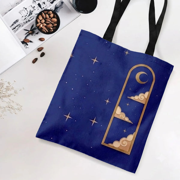 Celestial Moon Tote Bag | Art Deco Night Sky with Crescent Moon and Stars | Premium Twill Diamond-Grid Fabric | Aesthetic Gif