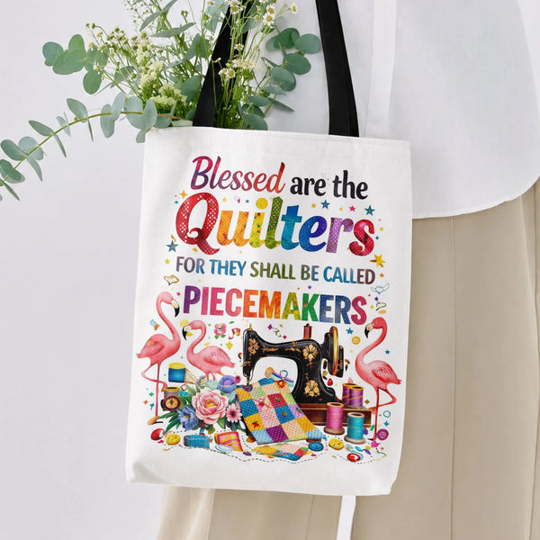 Quilter Piecemaker Tote Bag | Blessed Are the Quilters Funny Sewing Machine Flamingo Art | Premium Twill Fabric | Gift for Qu