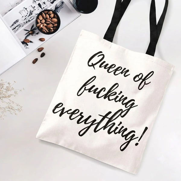 Queen of Everything Funny Quote Tote Bag | Sassy Script Lettering Typography Design | Premium Twill Diamond-Grid Texture | Em