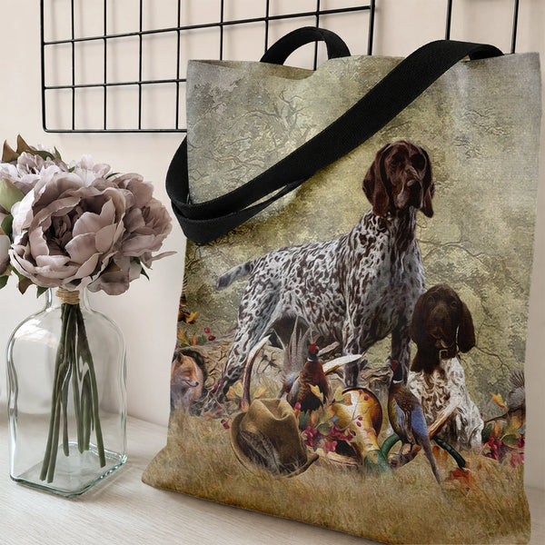 German Shorthaired Pointer Tote Bag | Hunting Dog Pheasant Wildlife Scene Art | Premium Twill Diamond-Grid Texture | Gift for