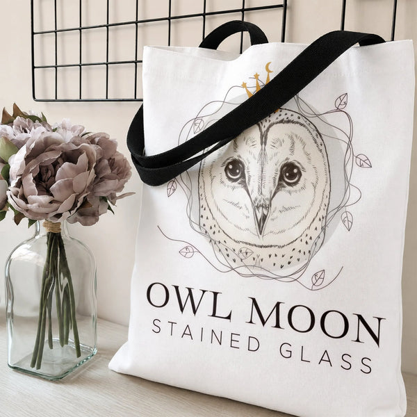 Owl Moon Tote Bag | Stained Glass Crowned Owl Illustration | Premium Composite Twill Fabric | Gift for Nature and Art Lovers