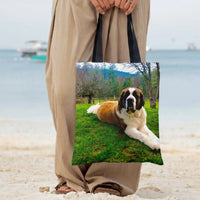 Saint Bernard Dog Tote Bag | Gentle Giant Resting on Green Pasture Farm | Premium Twill Diamond-Grid Texture | Gift for Saint Bernard Lover