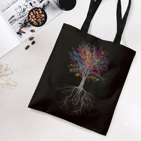 Music Note Tree Tote Bag | Colorful Treble Clef Root Art on Black | Premium Twill Diamond-Grid Fabric | Gift for Music Lover