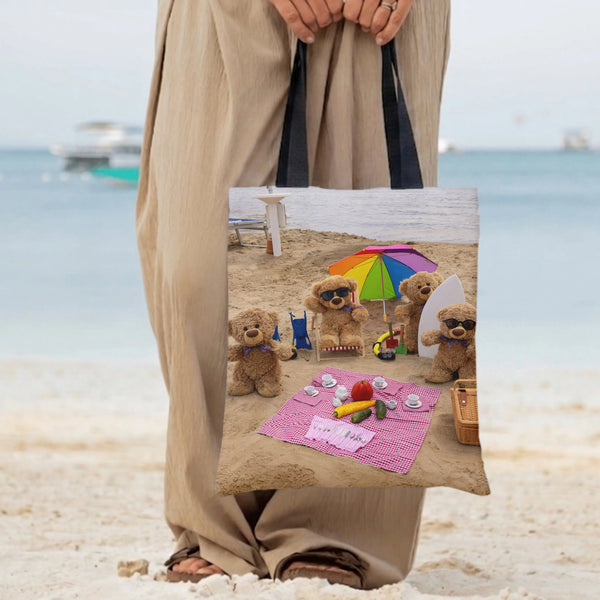 Teddy Bear Beach Picnic Tote Bag | Cute Bears Summer Seaside Scene Art | Premium Composite Twill Fabric | Adorable Gift for T