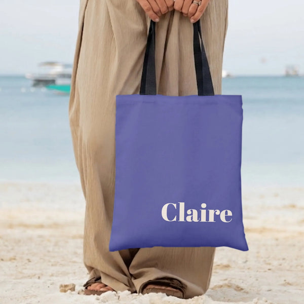 Claire Name Tote Bag | Elegant White Serif Typography on Purple | Premium Twill Structured Tote | Aesthetic Gift for Her