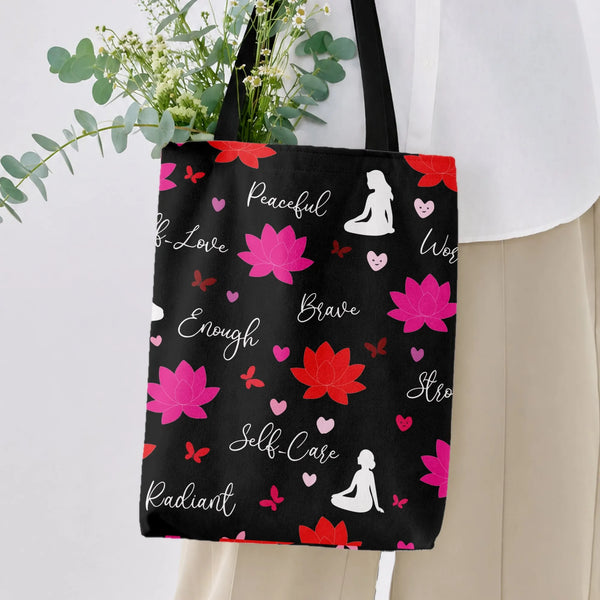 Lotus Flower Self-Care Tote Bag | Affirmation Script with Meditation Silhouettes | Premium Twill Fabric | Gift for Yoga Lover