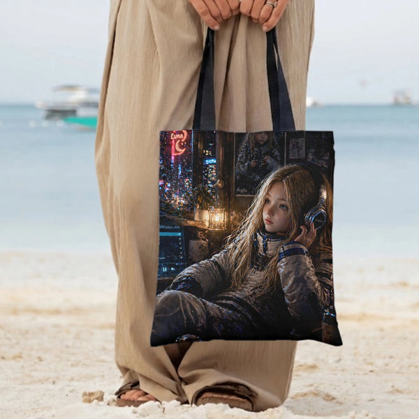 Cyberpunk Girl Tote Bag | Sci-Fi Astronaut Listening to Music Neon City Art | Premium Twill Diamond-Grid Texture | Gift for S