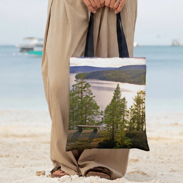 Lake Forest Landscape Tote Bag | Serene Pine Trees & Mountain Lake Photography | Premium Twill Diamond-Grid Texture | Gift fo