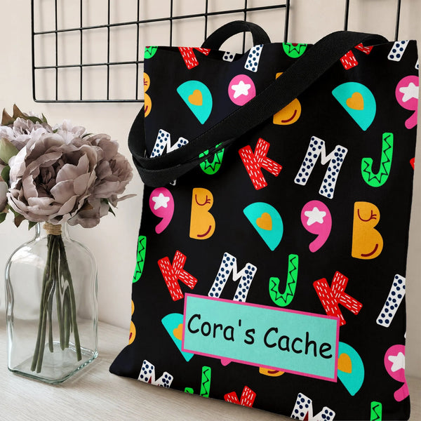 Playful Colorful Letters Tote Bag | Vibrant Patterned Alphabet Design with Hearts and Polka Dots | Premium Twill Fabric | Fun