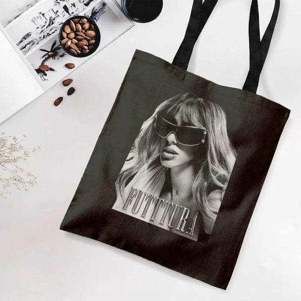 Futuristic Glam Woman Tote Bag | Black and White Fashion Portrait Sunglasses Art | Premium Composite Twill Fabric | Aesthetic