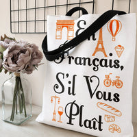 Paris French Tote Bag | En Français S'il Vous Plaît Eiffel Tower Illustration | Premium Twill Diamond-Grid Texture | Gift for Francophile & French Language Lover