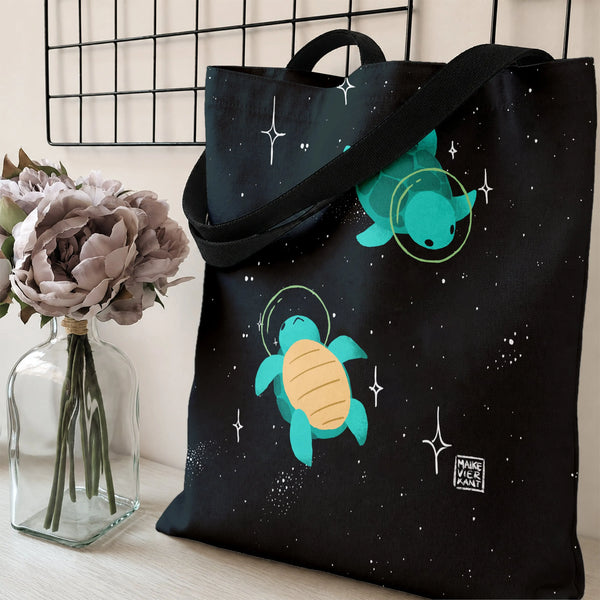 Space Turtle Tote Bag | Cute Astronaut Sea Turtles in Galaxy Illustration | Premium Twill Diamond-Grid Texture | Gift for Tur