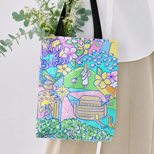 Holy Bible Tote Bag | Colorful Biblical Scenes Illustration with Noah's Ark & Good Shepherd | Premium Twill Fabric | Gift for