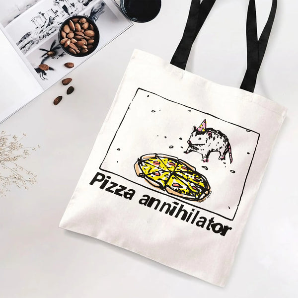 Opossum Pizza Tote Bag | Funny Pizza Annihilator Possum Cartoon Art | Premium Twill Diamond-Grid Texture | Hilarious Gift for