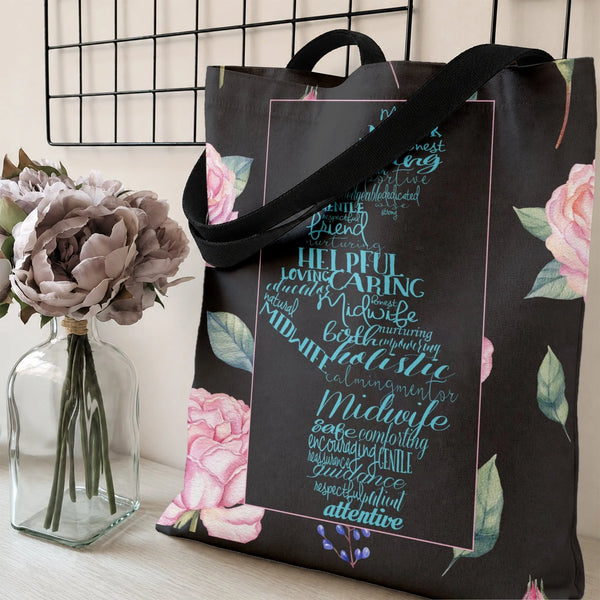 Midwife Word Cloud Tote Bag | Pregnant Mother Silhouette Typography with Pink Rose Floral Art | Premium Twill Fabric | Apprec