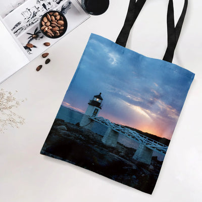 Lighthouse Sunset Tote Bag | Coastal Twilight Ocean Photography Art | Premium Twill Diamond-Grid Texture | Gift for Nautical & Beach Lovers