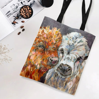 Highland Cow Tote Bag | Colorful Mixed Media Cattle Portrait Art | Premium Twill Diamond-Grid Fabric | Unique Gift for Farm Animal Lover