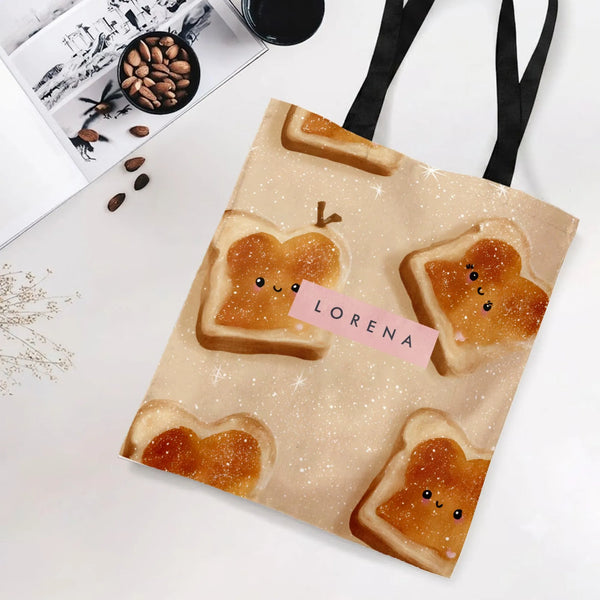 Kawaii Toast Tote Bag | Cute Bread Toast Smiley Face Pattern | Premium Twill Fabric | Aesthetic Gift for Her