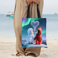 Fire and Ice Penguins Tote Bag | Cute Elemental Penguin Couple Northern Lights Art | Premium Twill Fabric | Romantic Valentine Gift for Penguin Lovers