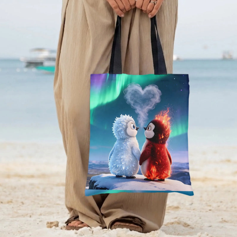 Fire and Ice Penguins Tote Bag | Cute Elemental Penguin Couple Northern Lights Art | Premium Twill Fabric | Romantic Valentine Gift for Penguin Lovers