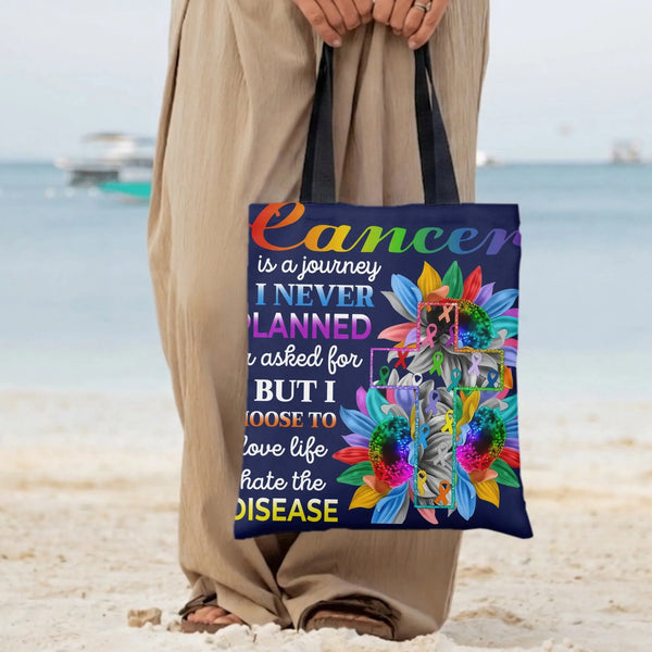 Cancer Awareness Tote Bag | Colorful Sunflower Cross with Ribbons Inspirational Quote Art | Premium Twill Diamond-Grid Fabric